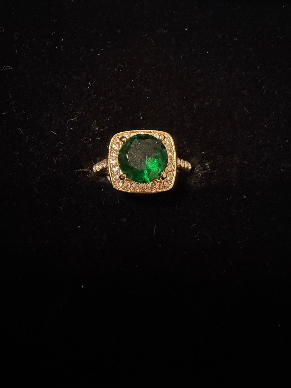 Emerald Green Halo Cocktail Ring with Pave Accents Gold Tone Stainless Steel.